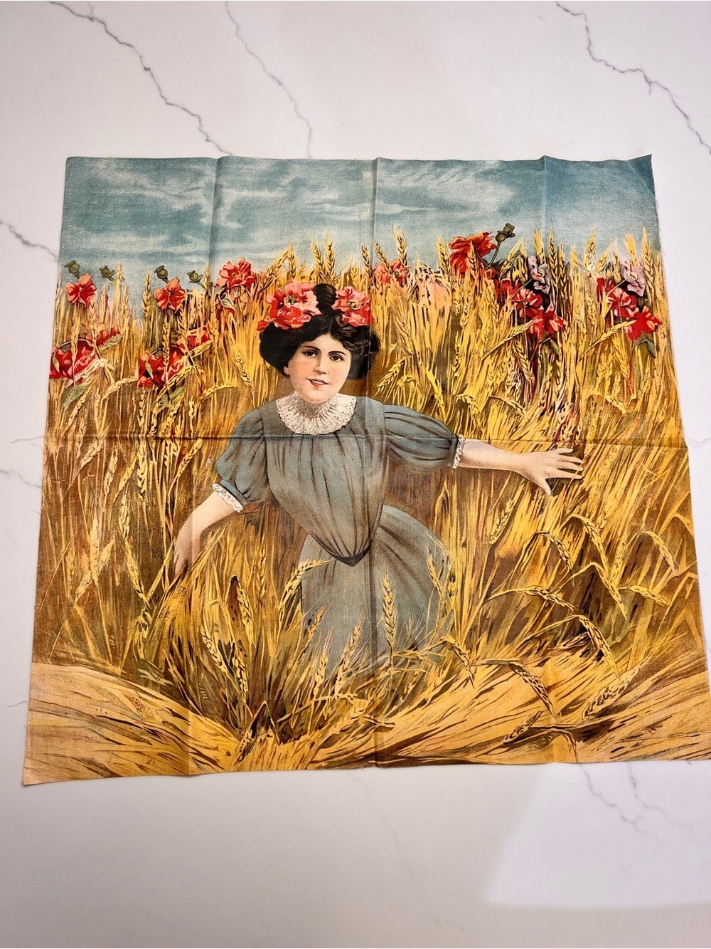 Vintage Unframed Canvas Print Of Victorian Girl in Wheat field with poppies
